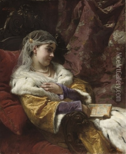 A Quiet Reading Moment Oil Painting - Charles Louis Lucien Mueller