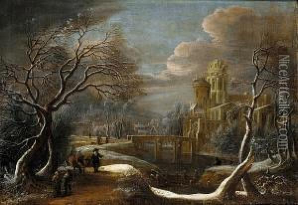 A Winter Landscape With Travellers In The Foreground, A Castle Beside A River Beyond Oil Painting - Theodore van Heil