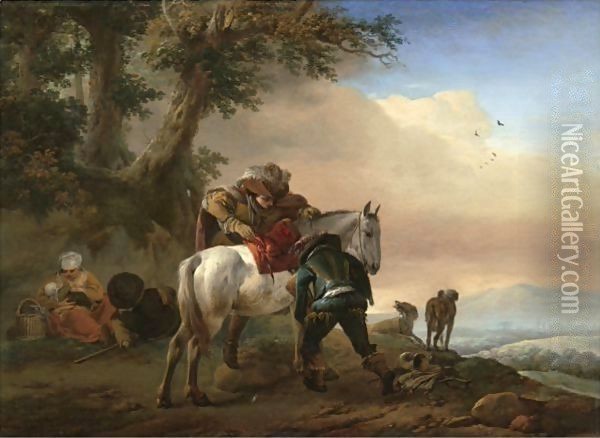 A Huntsman Saddling His Horse, An Extensive Landscape Beyond Oil Painting - Philips Wouwerman