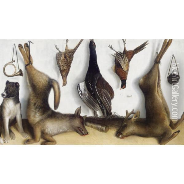 A Game Larder With A Dead Wolf, A Roe Deer, A Cock And A Hen Pheasant Oil Painting - Cornelis V. Bilt Der Biltius