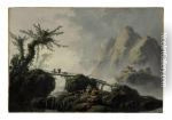 A Mountainous Landscape With Goatherds Crossing A Bridge Oil Painting - Jean-Baptiste Pillement