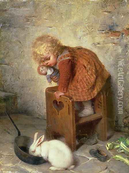 Little Girl with a Rabbit Oil Painting - Hermann Kaulbach