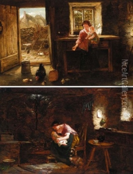 Feeding The Chickens (+ Warming By The Fire; Pair) Oil Painting - Thomas William Earl