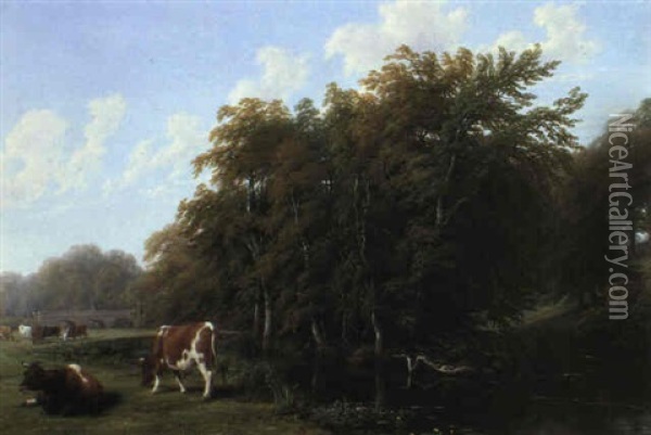 Cattle Grazing On The Banks Of A River Oil Painting - Thomas (of Leamington) Barker