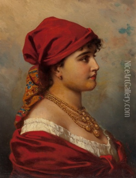 Woman In Red Oil Painting - Anton Ebert