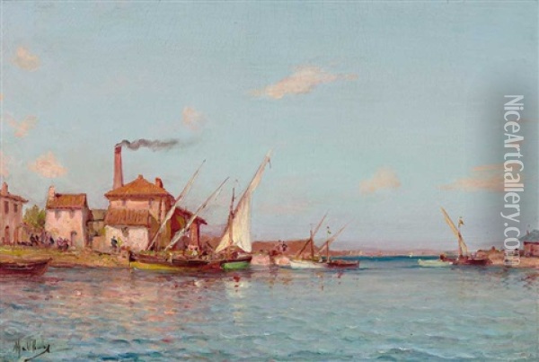 Sudliche Kustenlandschaft Mit Angelegten Booten Und Ziegelei Oil Painting - Henri Malfroy-Savigny
