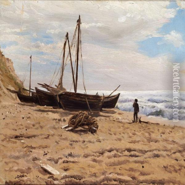 Boats On The Beach Oil Painting - Laurits Regner Tuxen