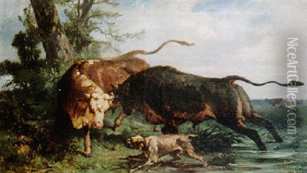 Vaches Et Taureaux Oil Painting - Alexandre Dubuisson