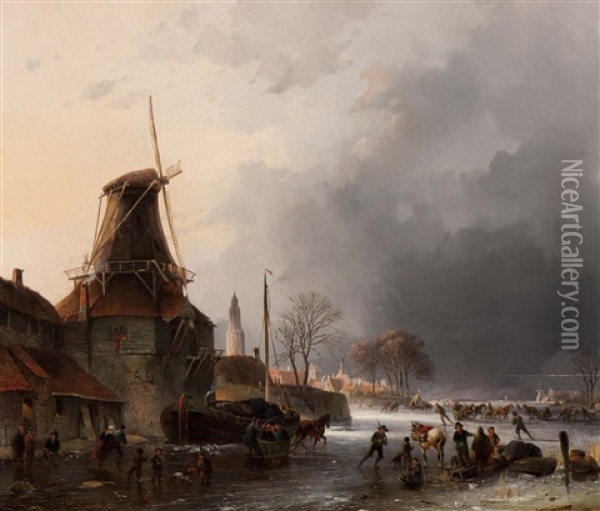 Activity On The Ice Near A Mill Oil Painting - Cornelis Gerrit Verburgh