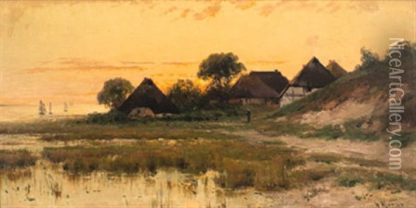 Gehoft Am Bodden Im Sonnenuntergang Oil Painting - Walter Moras