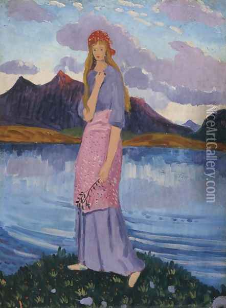 Girl standing by a lake Oil Painting - James Dickson Innes