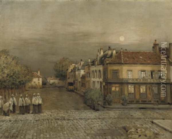 Effet De Lune - On A Village Square Oil Painting - Jean-Charles Cazin