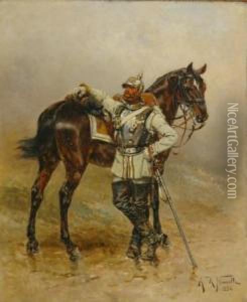 Cuirassier With His Horse Oil Painting - Alphonse Marie de Neuville