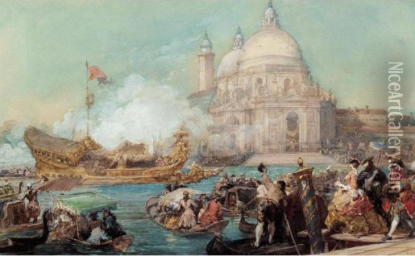 Fete A Venise, Le Bucentaure Devant L'eglise De La Salute Oil Painting - Eugene Louis Lami
