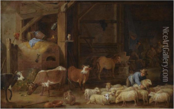 A Barn Interior With A Peasant 
And His Flock Of Sheep And Cattle, Agroup Of Peasants Drinking And 
Smoking In The Background Oil Painting - David The Younger Teniers
