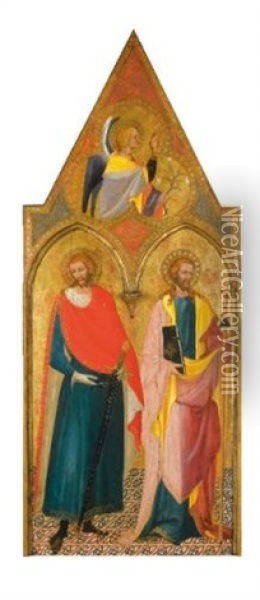 The Left Wing Of The Santa Maria A Latera Altarpiece: Saints Julian And James The Greater And The Archangel Gabriel Oil Painting - Battista Di Biagio Sanguigni