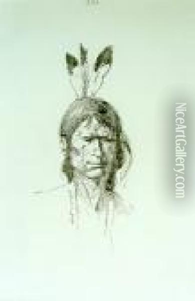 Indian With Three Feathers #225 Oil Painting - Frederic Remington
