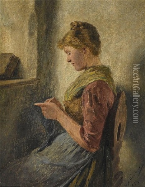 Junge Frau Mit Strickzeug Am Fenster Oil Painting - Hugo Wilhelm Kauffmann