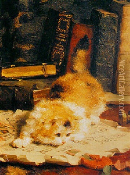 A Kitten Playing Oil Painting - Charles van den Eycken