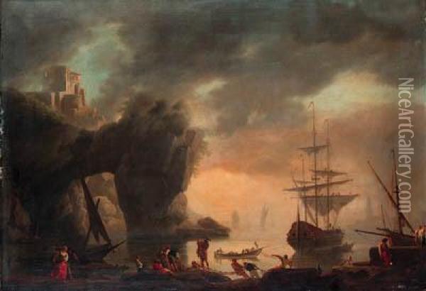 A Mediterranean Inlet With A 
Man-o'-war Lowering Its Sails Andfishermen Pulling In Their Nets In The 
Foreground Oil Painting - Claude-joseph Vernet