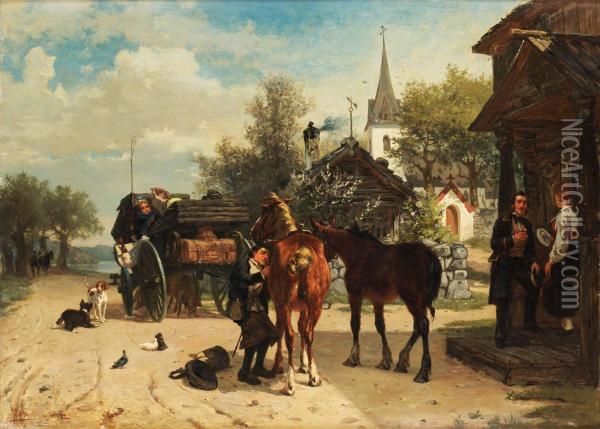 Skjutsombytet Oil Painting - Gustaf Brandelius