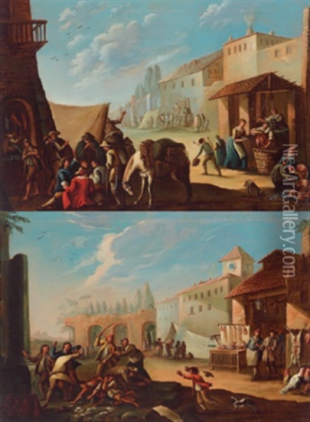 Volkstreiben Auf Einem Marktplatz (+ Figures In A Landscape; Pair) Oil Painting - Giovanni Michele Graneri