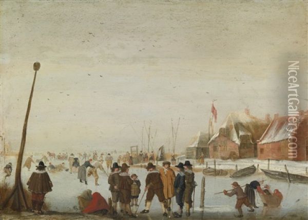 Winter Landscape With Skaters And Colfers On A Frozen Inlet Oil Painting - Barent Avercamp