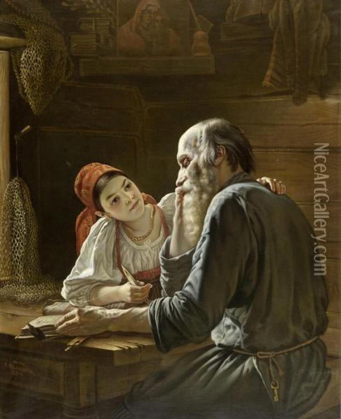 Young Lady With Older Gentleman At Atable Oil Painting - Rostislav Ivanovich Felizin