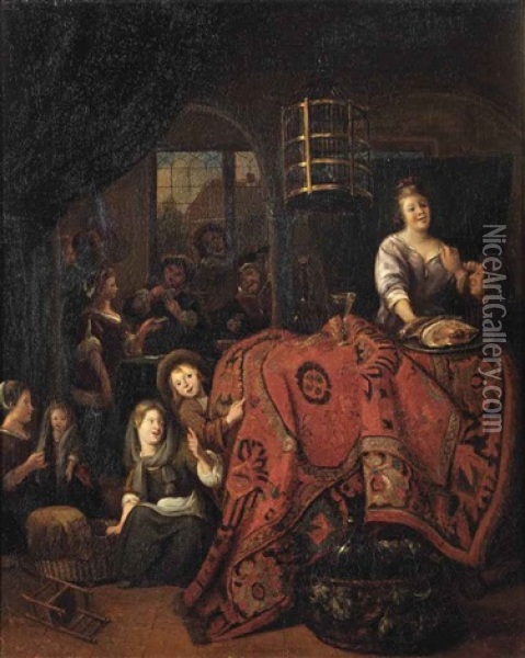 An Interior With A Woman Serving Meat And Wine, Children Playing On The Floor, And Figures Playing Cards In The Adjacent Room Oil Painting - Richard Brakenburg