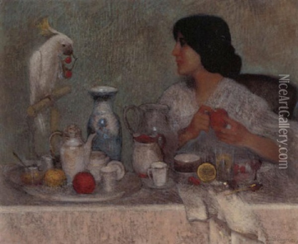 Breakfast With A Parakeet Oil Painting - Adolf Wiesner