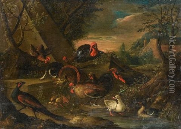 Turkeys, Cockerels And Ducks Surprised By A Cat Oil Painting - Adriaen de Gryef