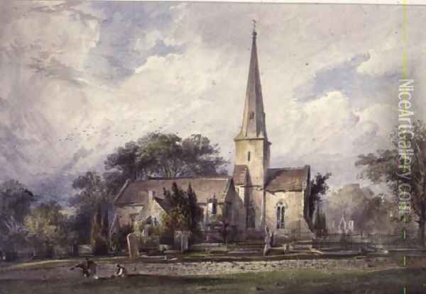 View from the South-east of a Church and a Churchyard Oil Painting - J. Colson