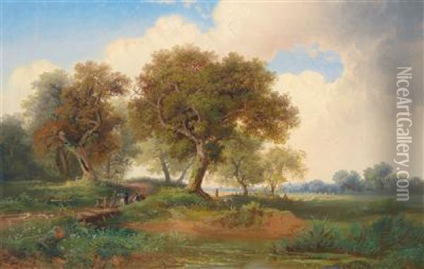 Open Landscape With Walkers And Flock Of Sheep In Thebackground Oil Painting - Julius Bayer