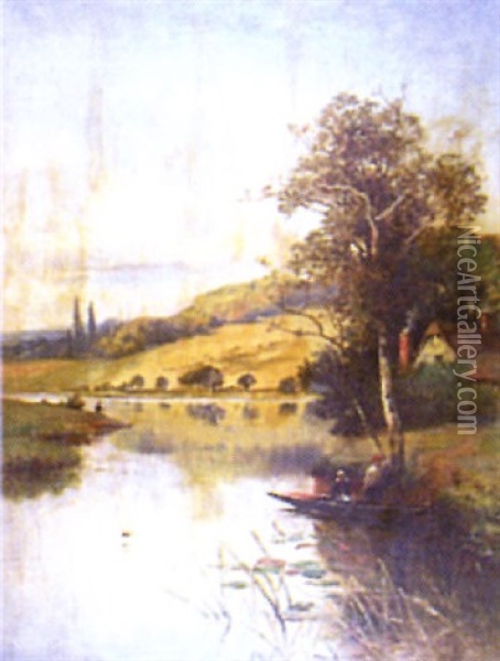 River Landscape With Figures In A Punt In The Foreground Oil Painting - Herbert Menzies Marshall