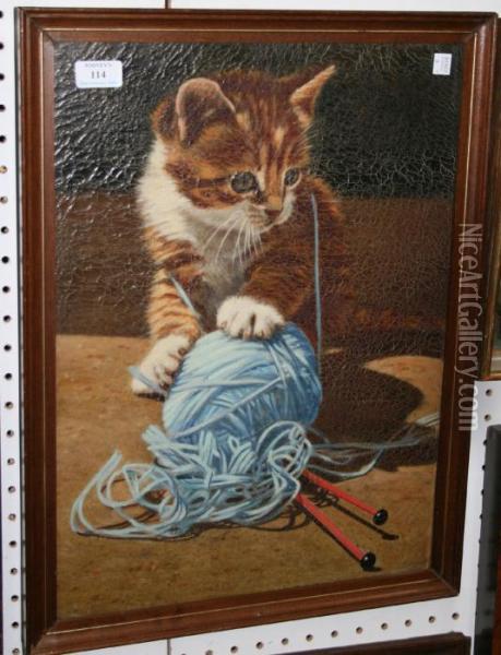 Study Of A Ginger Tabby Kitten Playing With A Ball Of String Oil Painting - William Arnold Woodhouse