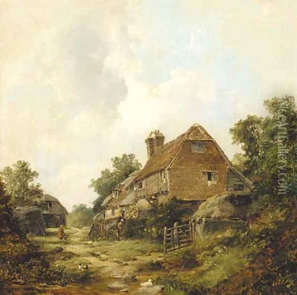 Figures before a cottage with a barn beyond Oil Painting - John James Wilson