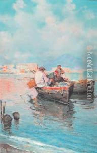 Barche Di Pescatori Nel Golfo Di Napoli Oil Painting - Giuseppe Giardiello