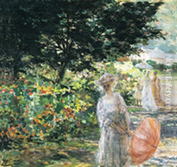 Elegante Dames In Het Park Oil Painting - Lievin Herremans