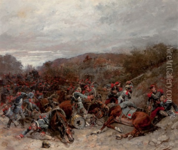 Battle Scene From The Franco-prussian War Oil Painting - Wilfrid Constant Beauquesne