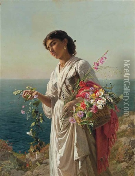 The Flower Girl, Capri Oil Painting - Sophie Anderson