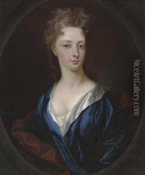 Portrait Of A Lady, Bust-length, In A Blue Dress And Rust Wrap, In A Feigned Oval Oil Painting - Sir Godfrey Kneller