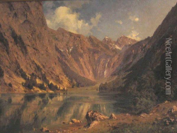 Mountain Valley Lake Scene Oil Painting - Joseph Rummelspacher