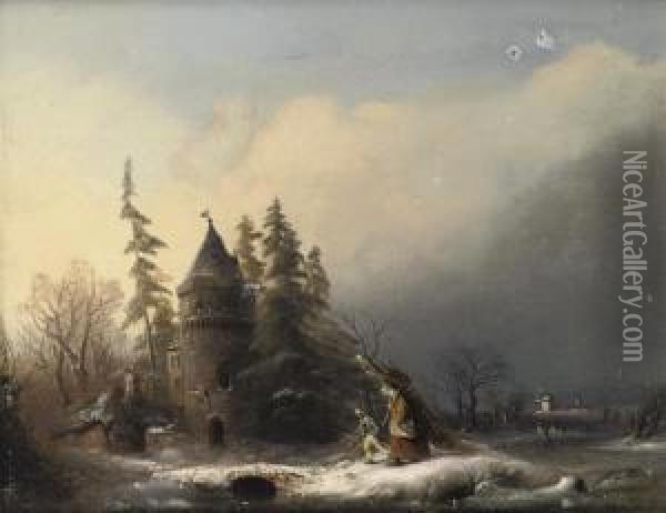 Travellers In A Winterlandscape By A Small Fort Oil Painting - Anthon Adrianus Sem