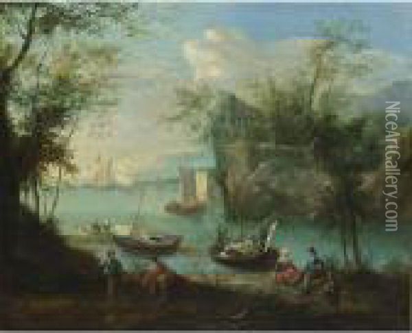 A Wooded River Landscape With 
Sailing Boats And Fishermen With Their Nets In The Foreground Oil Painting - Robert Griffier