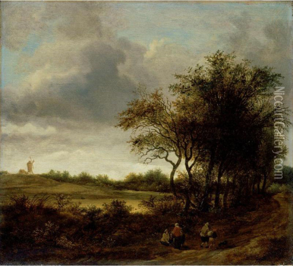 Landscape With Figures On A Tree-lined Path A Windmill Beyond Oil Painting - Guillam de Vos