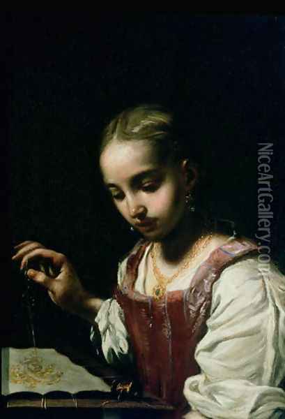 A Girl Sewing Oil Painting - Antonio Amorosi