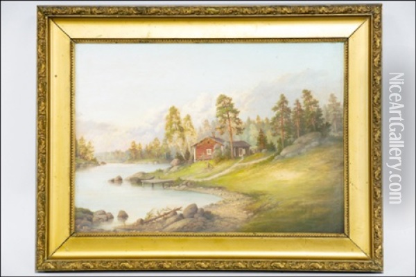 Punainen Torppa Jarven Rannalla (rott Torp Vid Sjostranden) Oil Painting - Rudolph Akerblom