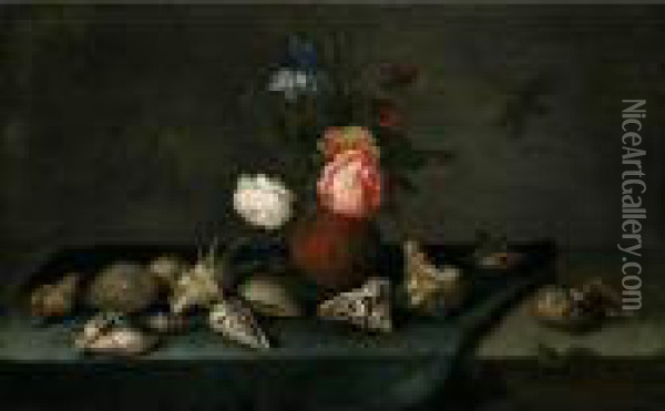 Still Life Of Roses, An Iris And
 Fritillaries In An Earthenware Vase, With Assorted Shells, A Dragonfly 
And A Lizard Upon A Table Partly Draped With A Green Cloth Oil Painting - Balthasar Van Der Ast