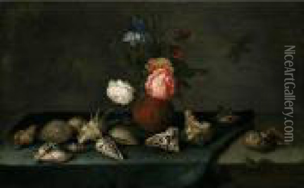 Still Life Of Roses, An Iris And
 Fritillaries In An Earthenware Vase, With Assorted Shells, A Dragonfly 
And A Lizard Upon A Table Partly Draped With A Green Cloth Oil Painting - Balthasar Van Der Ast