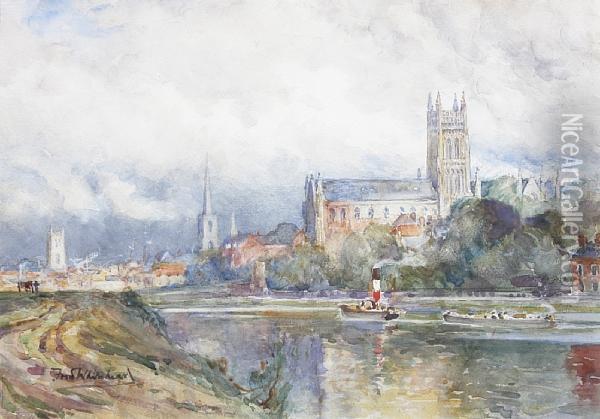 View Of A Cathedral Town From The River Oil Painting - Frederick William N. Whitehead